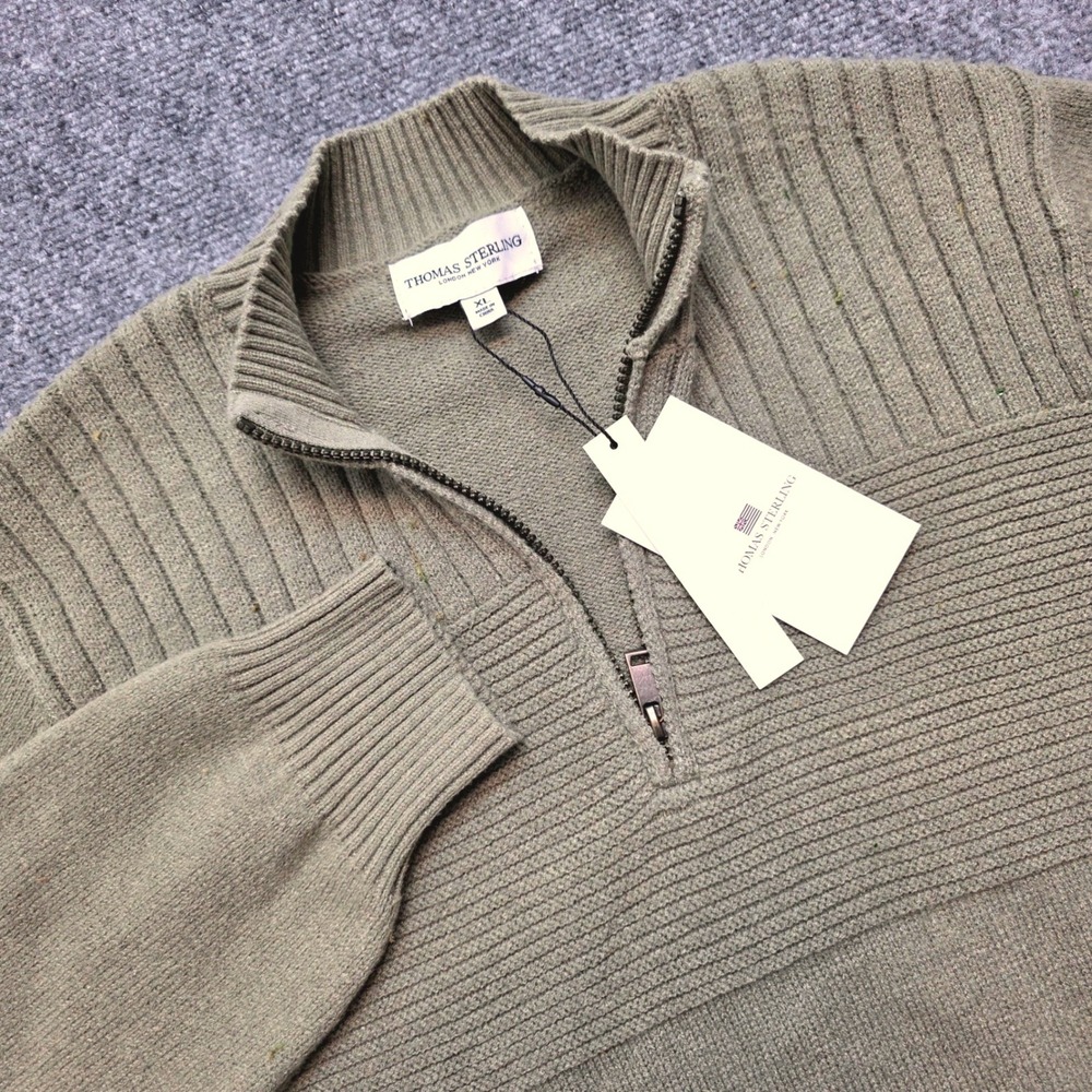 Thomas Sterling Men's XL Quarter Zip Sweater Olive Green Mixed Knit Pullover NEW